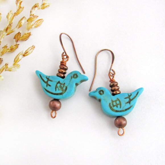 Handmade Blue Bird Earrings with Turquoise Magnesite and Copper Beads - Picture 3 of 4